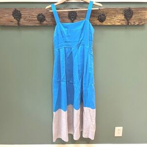 Veronika Maine Lustre Blue Linen Blend Colorblock Midi Dress Size 8